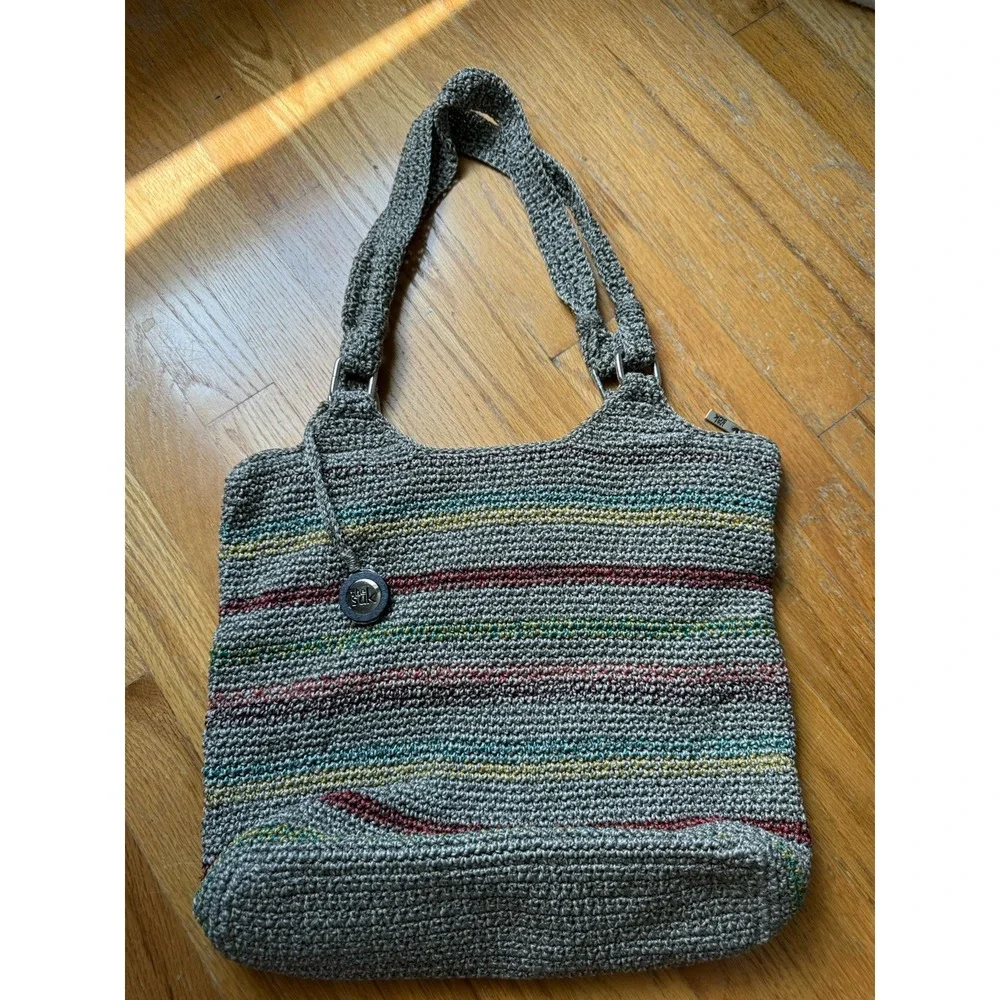 The Sak Crochet Knit Stripe Hobo Shoulder Bag Gray Multicolor Zip Tote Rainbow